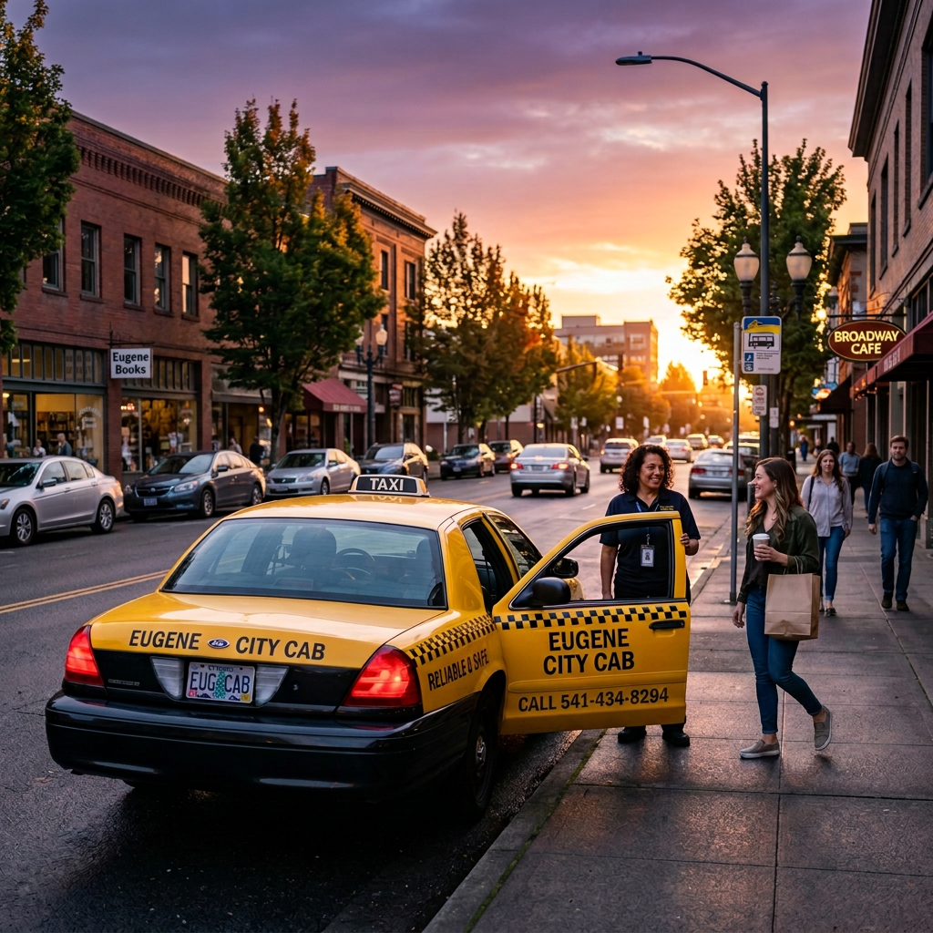 Taxi driver holding door for passenger outside Eugene City Cab in downtown